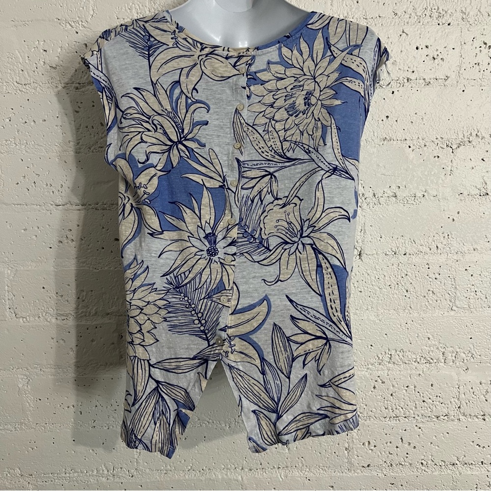 Halston Womens Top L Blue Floral 100% Linen Short Sleeve Button Back R13 - Picture 4 of 6